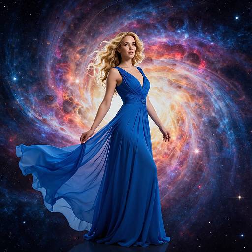 Photograph-like digital artwork of a blonde woman in a flowing blue gown standing against a vibrant, swirling cosmic galaxy background.