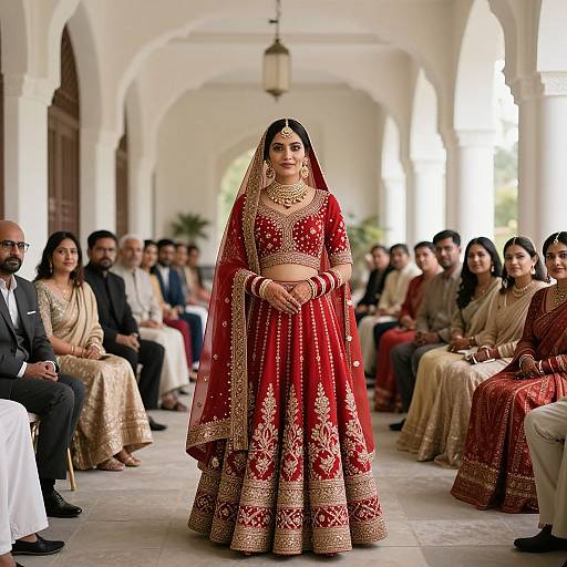 Photograph of a South Asian bride in a red and gold traditional lehenga, standing confidently in an arched, white-walled hall, surrounded by