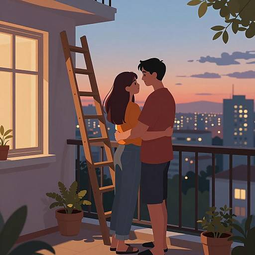 Couple Embracing on Balcony at Sunset