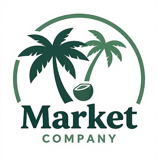 Logo: Green silhouette of two palm trees with a coconut, encircled, under 