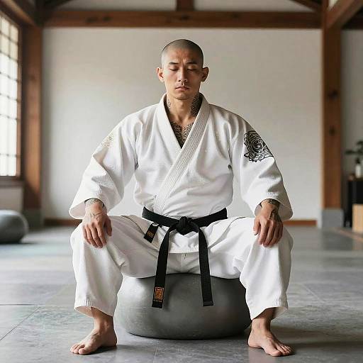 Photograph of a bald, light-skinned male martial artist in a white gi with black belt, squatting on a gray exercise ball in a wooden