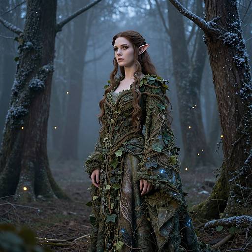 Digital fantasy artwork of an elf woman with long brown hair, pointed ears, and green leafy dress, standing in a misty forest with glowing fire