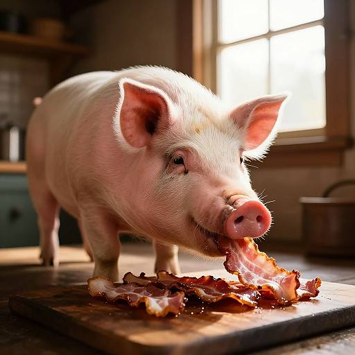 Photograph of a pink piglet eating bacon pieces on a wooden table in a sunlit, rustic kitchen with blurred background.