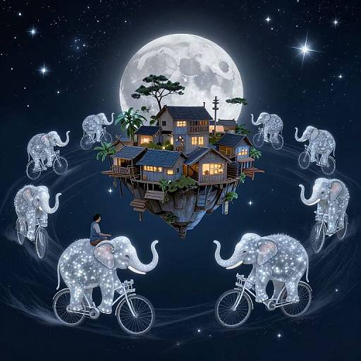 Digital illustration of a glowing, floating house surrounded by ethereal, starlit elephants riding bicycles under a full moon in a starry night sky.