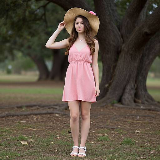 Photograph of a young woman with long brown hair, wearing a pink sleeveless dress and wide-brimmed straw hat, standing in a wooded park