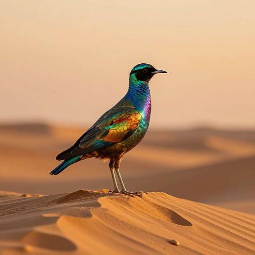 Photograph of a vibrant peacock-like bird with iridescent blue, green, and purple feathers standing on a sunlit sand dune at sunset