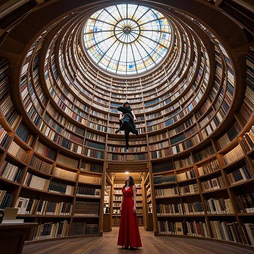 Photograph of a grand library with circular, tiered bookshelves and a large, sunlit dome ceiling. A woman in a red dress stands