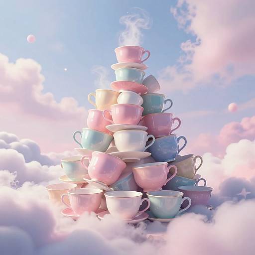 Photograph of pastel-colored teacups stacked in a pyramid against a dreamy blue sky with pink and white clouds.