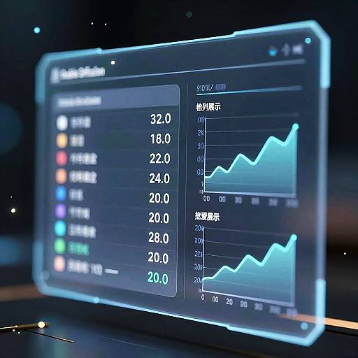 Digital graphic of a glowing, futuristic tablet displaying a blue line graph and numerical data in bright white text, set against a dark, blurry background.