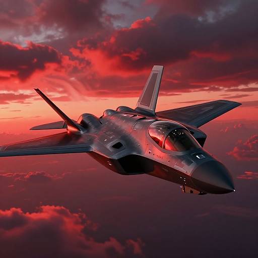 Photorealistic digital artwork of a sleek, dark grey fighter jet soaring above a dramatic, red and orange sunset sky with thick clouds.