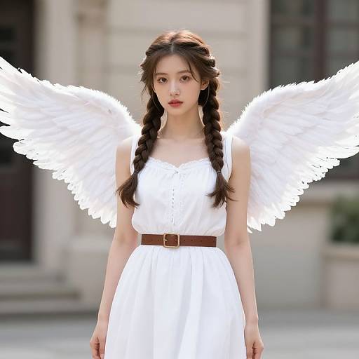Photograph of a young Asian woman with long braided brown hair, wearing a white dress and large white angel wings, standing outdoors with a blurred stone