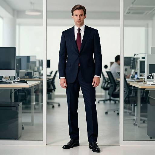 Photograph of a serious, Caucasian man with short brown hair, wearing a black suit, white shirt, and red tie, standing in a modern,