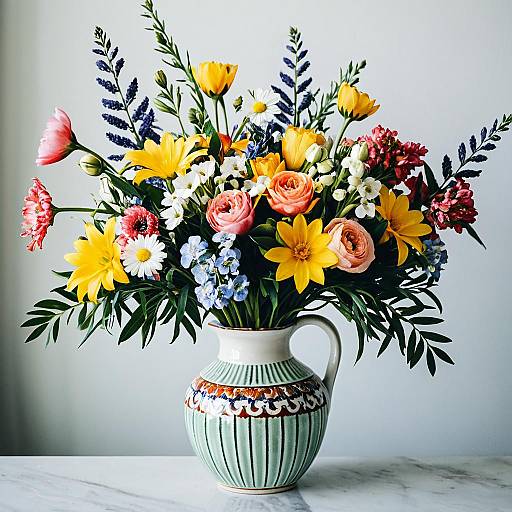 Colorful Spring Bouquets in Ceramic Vase