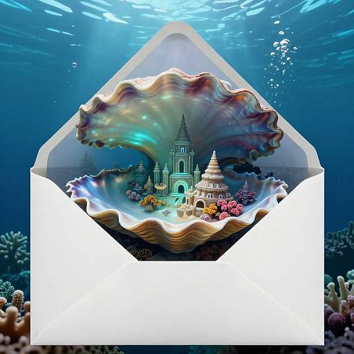 Digital artwork of an underwater scene inside an open white envelope, featuring a glowing, detailed cathedral surrounded by coral, held by a large, iridescent