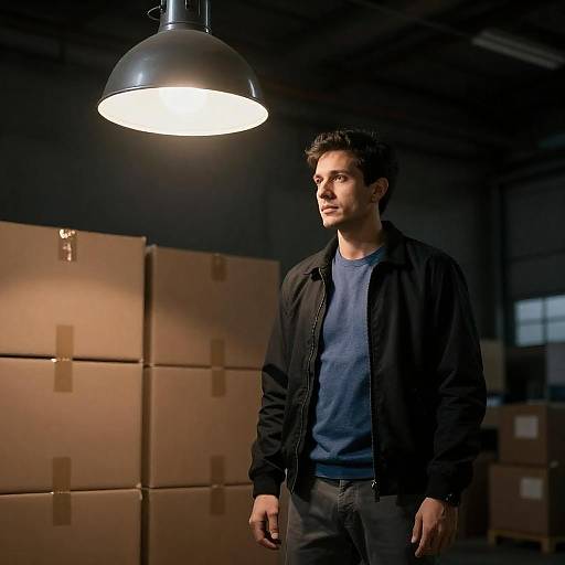 Man in Dimly Lit Industrial Warehouse