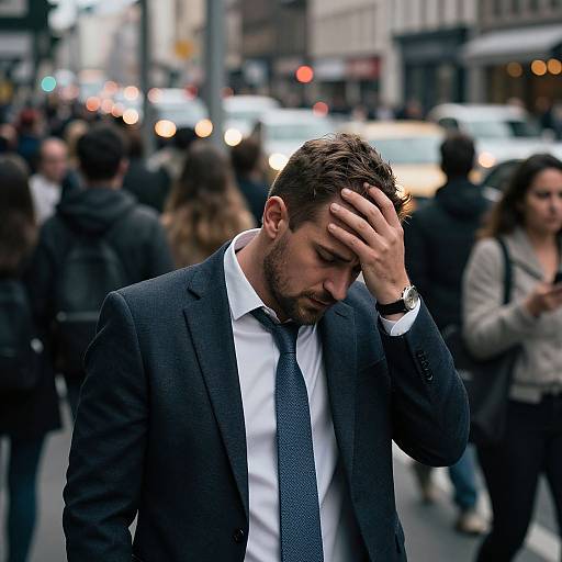 Photograph of a stressed, bearded man in a dark suit and tie, hand on head, standing amidst a bustling city street with blurred pedestrians and