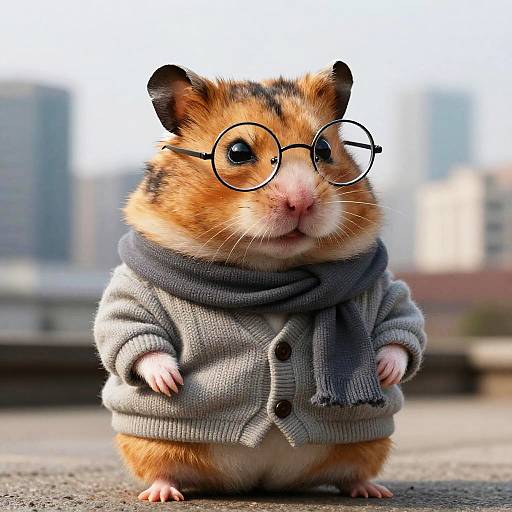 Photorealistic CGI of a hamster with orange and brown fur, wearing round glasses and a gray cardigan with a scarf, standing on a rooftop