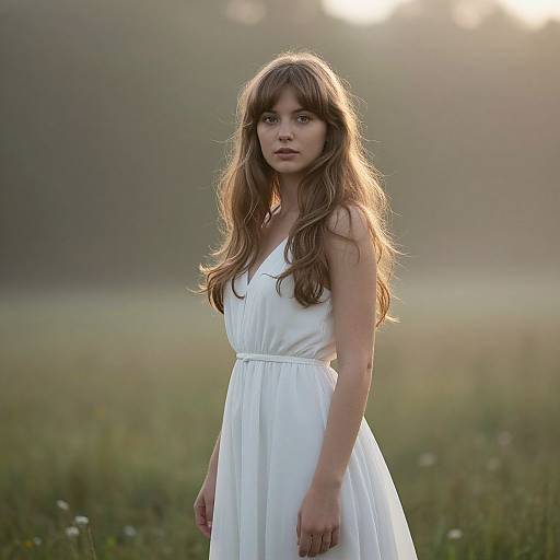 Photograph of a young woman with long brown hair in a white sleeveless dress, standing in a sunlit grassy field, looking pensively at