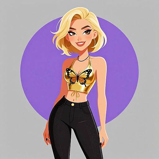 Digital illustration of a blonde woman with short hair, wearing a gold butterfly crop top and black high-waisted pants, smiling against a purple circle on
