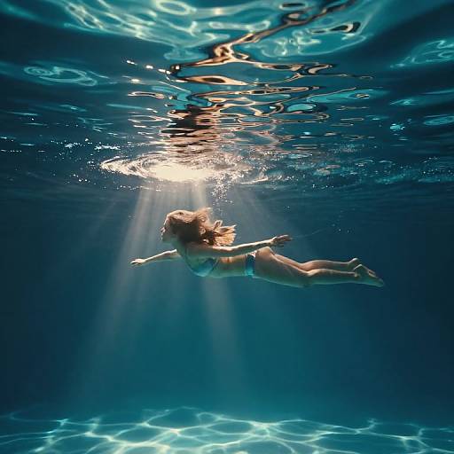 Underwater photograph of a blonde woman in a blue bikini, floating serenely with sunlight beams illuminating her from above.