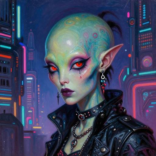 Digital art of a neon-lit sci-fi alien with greenish skin, red glowing eyes, pointed ears, black leather jacket, and cyberpunk background