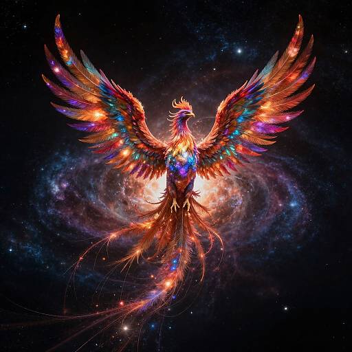 Digital artwork of a vibrant, phoenix-like creature with multicolored, glowing feathers and cosmic background, wings spread wide, radiating light and star-like
