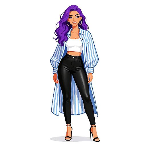 Digital illustration of a confident woman with long purple hair, wearing a white crop top, blue striped long coat, black high-waisted pants, and
