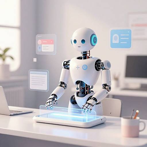 Digital CGI image of a white, humanoid robot with blue accents and glowing eyes, typing on a glowing blue keyboard in a bright, modern office.