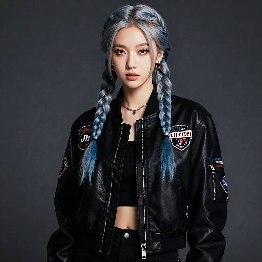 Young Woman with Silver-Blue Braided Hair in Leather Bomber Jacket