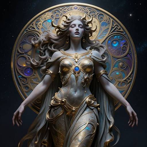 Digital artwork of a celestial goddess with flowing brown hair, gold armor, blue gemstones, and horned, ornate circular halo against a starry