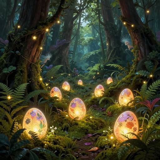 Digital artwork of a mystical forest with glowing, bioluminescent eggs scattered among ferns and twinkling fairy lights. Tall trees and lush greenery