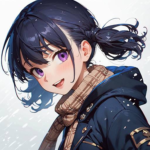 Anime-style digital drawing of a cute girl with black hair in pigtails, purple eyes, smiling, wearing a black hooded coat and plaid