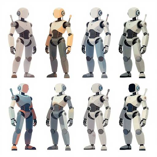 Digital illustration of eight humanoid robots in various poses, featuring white, gray, and black segmented bodies with jointed limbs and circular heads.