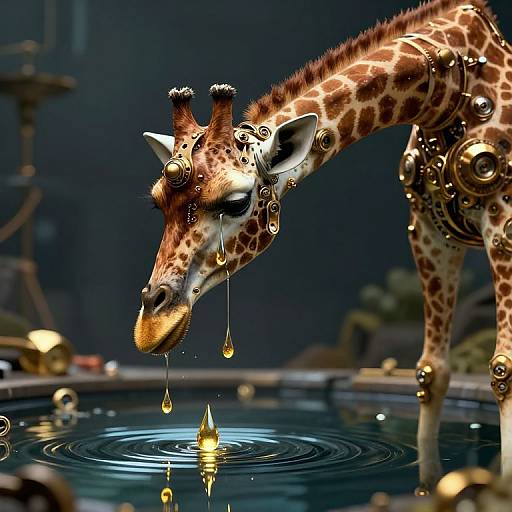 Digital art of a giraffe with mechanical gold adornments, drooling gold droplets into a reflective water pool in a dark, futuristic setting.