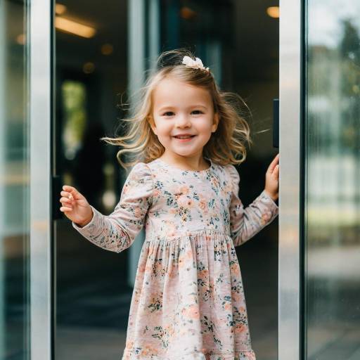 Smiling Toddler Girl in Floral Dress by Glass Door