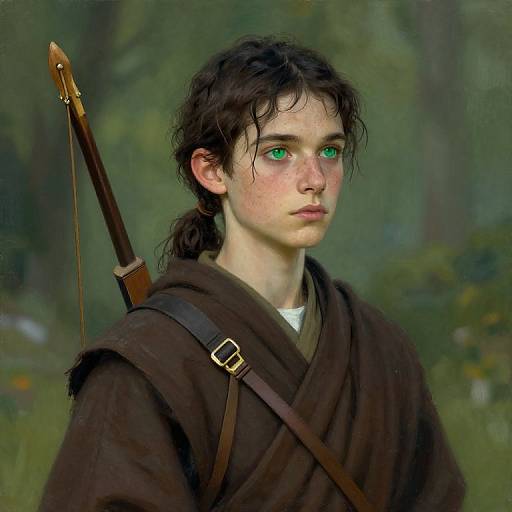 Digital painting of a young, fair-skinned, green-eyed boy with messy black hair, wearing a brown tunic and carrying a quiver on his