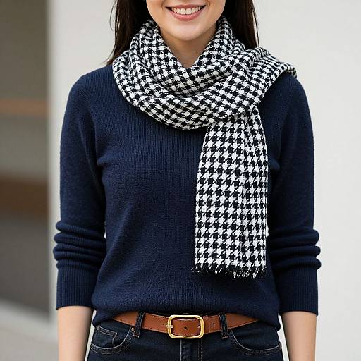 Photograph of a smiling woman wearing a black houndstooth scarf, navy knit sweater, brown belt, and dark jeans, against a blurred white