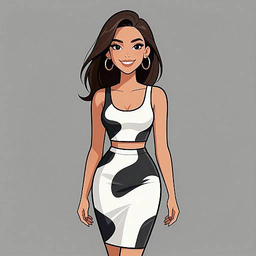 Digital anime-style illustration of a smiling woman with long dark hair, wearing a white and black cowprint crop top and skirt, large hoop earrings, against