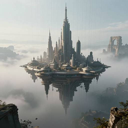 Digital artwork of a futuristic, floating city with towering spires, reflected in a calm, misty lake, with a distant, partially ruined bridge.