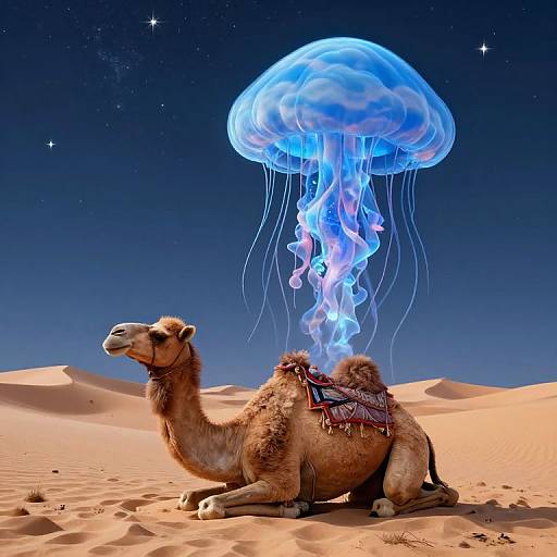 Photograph-like digital artwork of a camel with a colorful saddle, sitting in a desert, with a glowing blue jellyfish floating above against a starry