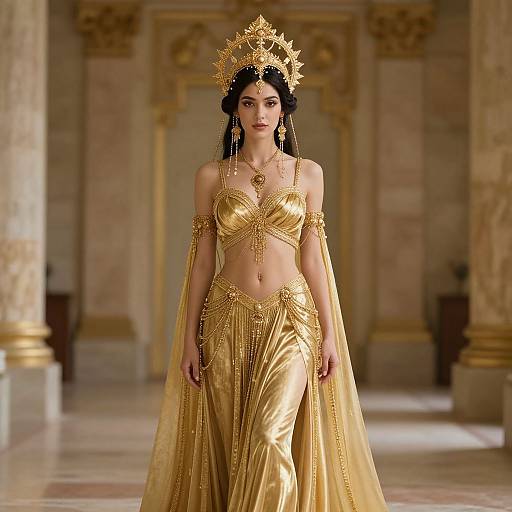 Photorealistic CGI of a beautiful woman in an ornate, gold traditional Middle Eastern outfit with a crown, standing in a grand, marble-columned