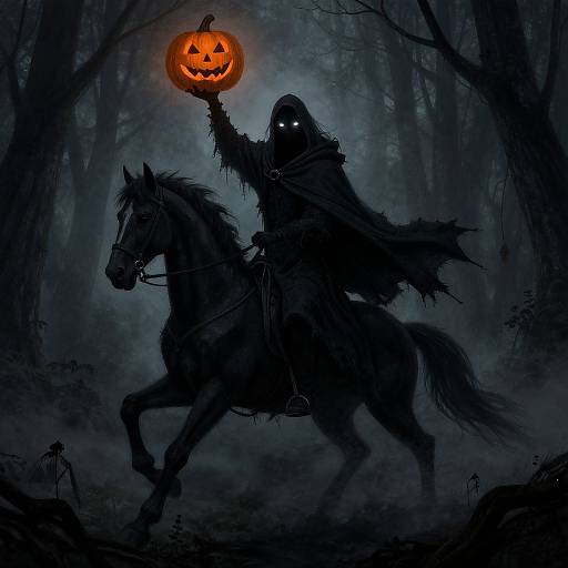Digital illustration of a shadowy, hooded figure with glowing white eyes riding a black horse, holding a glowing jack-o'-lantern in a dark
