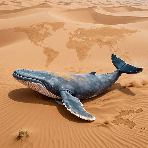 Photorealistic digital image of a blue whale lying on golden sandy desert, with world map reflections in the sand.