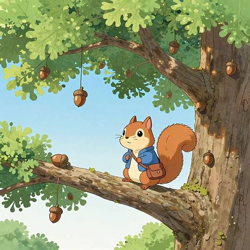 Cute cartoon squirrel in blue hoodie and brown pouch hangs on tree branch, surrounded by acorns, under bright blue sky.