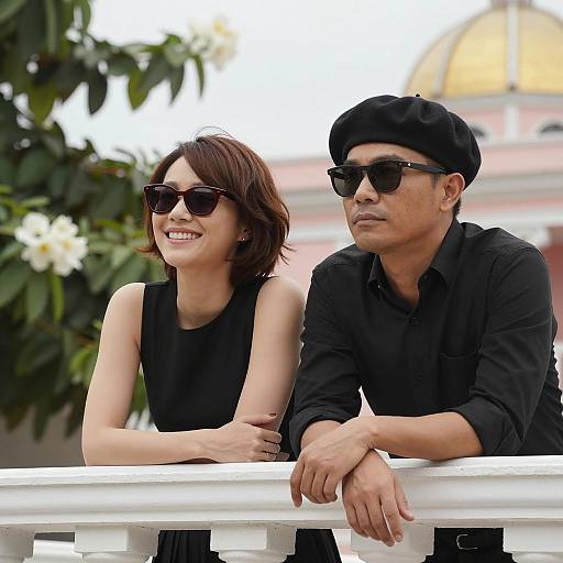 Stylish Couple Leaning on White Railing Outdoors