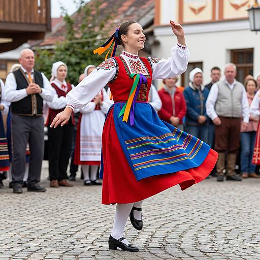 Photograph of a smiling woman in traditional Polish folk attire, dancing in a cobblestone street with a colorful skirt and vibrant headscarf, surrounded
