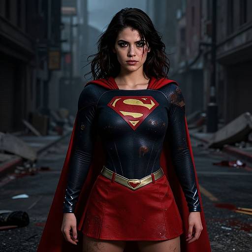 Digital art of a confident, dark-haired woman in a black, shiny Supergirl outfit with red cape and skirt, standing in a ruined, urban
