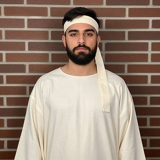 Photograph of a bearded man with dark hair, wearing a white headband and loose white shirt, standing against a brown brick wall.