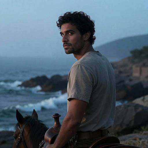 Photograph of a handsome, curly-haired man with a trimmed beard, wearing a beige shirt, riding a horse by a rocky, oceanic coastline at