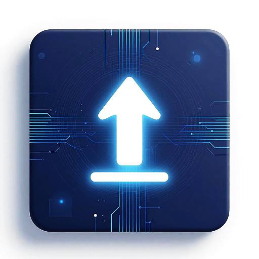 Digital icon with a glowing white upward arrow on a dark blue, circuit-patterned square background, featuring neon blue accents.